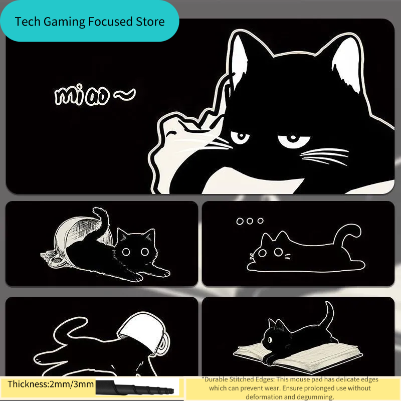 Tech Accessories For Office Desk - Siyah Kedi İllüstrasyonlu Mouse Pad Küçük